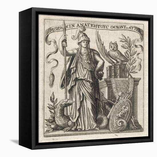 The Greek Goddess of Wisdom with Her Owl and a a Dragon-null-Framed Stretched Canvas