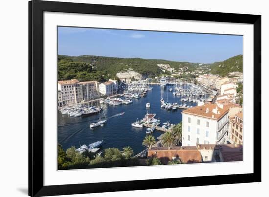 The green vegetation frames the medieval town and harbour, Bonifacio, Corsica, France, Mediterranea-Roberto Moiola-Framed Photographic Print