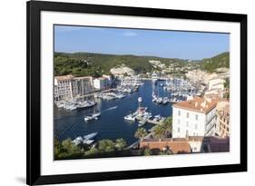 The green vegetation frames the medieval town and harbour, Bonifacio, Corsica, France, Mediterranea-Roberto Moiola-Framed Photographic Print