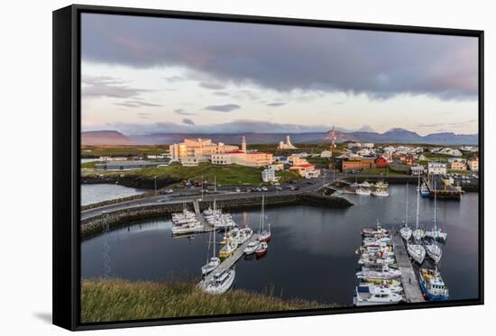 The Harbor Town of Stykkisholmur as Seen from Small Island of Stykkia on Snaefellsnes Peninsula-Michael Nolan-Framed Stretched Canvas