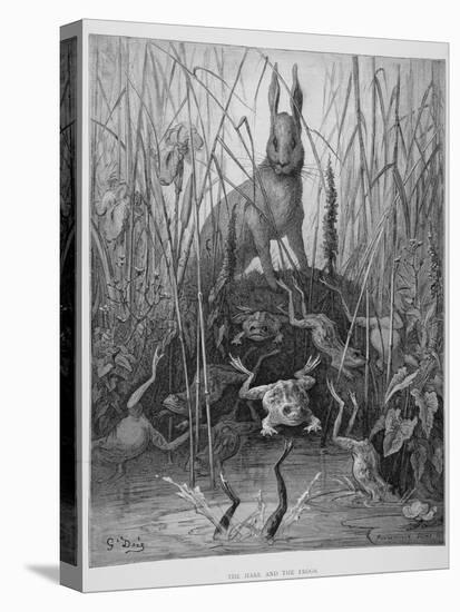 The Hare and the Frogs, from 'The Fables' of La Fontaine, Engraved by Stephane Pannemaker…-Gustave Doré-Stretched Canvas