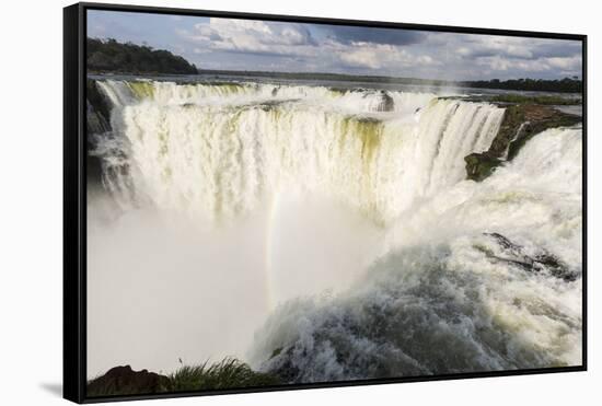 The headwater of Iguazu Falls with a rainbow from the Argentinian-James White-Framed Stretched Canvas