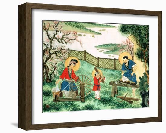 The Holy Family, Jesus Helps Father Joseph as Mary Spins Silk-null-Framed Giclee Print