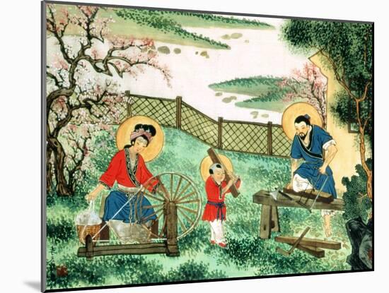 The Holy Family, Jesus Helps Father Joseph as Mary Spins Silk-null-Mounted Giclee Print