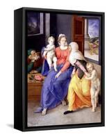 The Holy Family with John the Baptist as a Boy and Saint Elizabeth, 1556-1557-Giulio Clovio-Framed Stretched Canvas