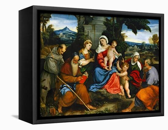 The Holy Family with Saint Francis, Saint Anthony, Mary Magdalen, John Baptist and Elisabeth-Paolo Veronese-Framed Stretched Canvas