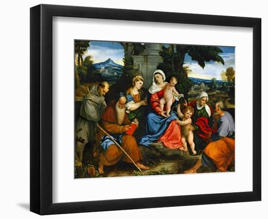 The Holy Family with Saint Francis, Saint Anthony, Mary Magdalen, John Baptist and Elisabeth-Paolo Veronese-Framed Giclee Print