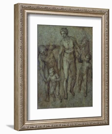 The Holy Family with St John the Baptist, C.1540 (Brush and Brown Wash on Panel)-Michelangelo Buonarroti-Framed Giclee Print