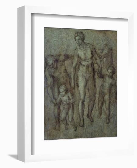 The Holy Family with St John the Baptist, C.1540 (Brush and Brown Wash on Panel)-Michelangelo Buonarroti-Framed Giclee Print