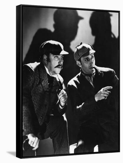 THE HOUND OF THE BASKERVILLES, 1939 directed by SIDNEY LANFIELD. Nigel Bruce and Basil Rathbone (b/-null-Framed Stretched Canvas