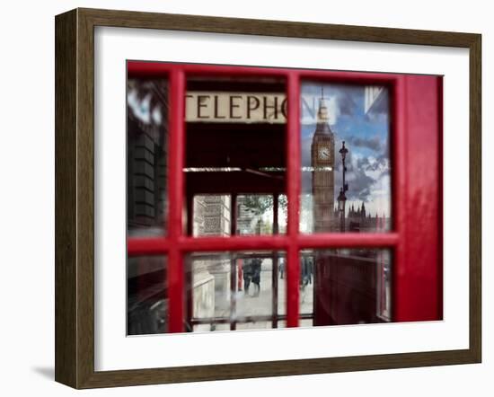 The houses of parliament reflected in an iconic red phone box in Westminster, London.-Alex Saberi-Framed Photographic Print