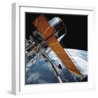 The Hubble Space Telescope Backdropped by Planet Earth-null-Framed Photographic Print