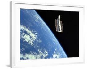 The Hubble Space Telescope with a Blue Earth in the Background-Stocktrek Images-Framed Photographic Print