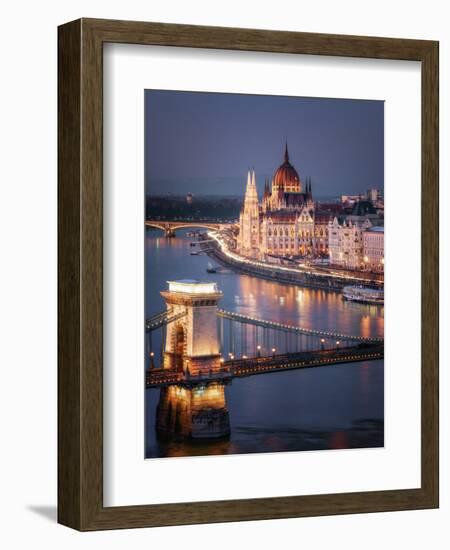 The Hungarian Parliament on the River Danube with the Chain Bridge, Budapest, Hungary-Karen Deakin-Framed Photographic Print