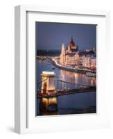 The Hungarian Parliament on the River Danube with the Chain Bridge, Budapest, Hungary-Karen Deakin-Framed Photographic Print