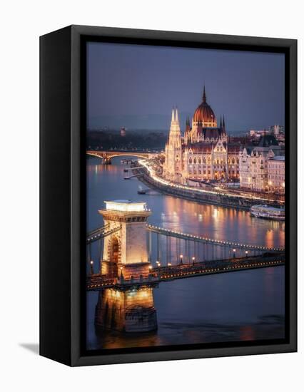 The Hungarian Parliament on the River Danube with the Chain Bridge, Budapest, Hungary-Karen Deakin-Framed Stretched Canvas