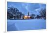 The illuminated church at dusk in the cold snowy landscape at Flakstad Lofoten Norway Europe-ClickAlps-Framed Photographic Print