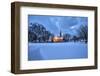 The illuminated church at dusk in the cold snowy landscape at Flakstad Lofoten Norway Europe-ClickAlps-Framed Photographic Print