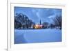 The illuminated church at dusk in the cold snowy landscape at Flakstad Lofoten Norway Europe-ClickAlps-Framed Photographic Print