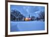 The illuminated church at dusk in the cold snowy landscape at Flakstad Lofoten Norway Europe-ClickAlps-Framed Photographic Print