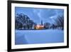 The illuminated church at dusk in the cold snowy landscape at Flakstad Lofoten Norway Europe-ClickAlps-Framed Photographic Print