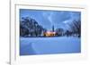 The illuminated church at dusk in the cold snowy landscape at Flakstad Lofoten Norway Europe-ClickAlps-Framed Photographic Print