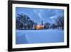 The illuminated church at dusk in the cold snowy landscape at Flakstad Lofoten Norway Europe-ClickAlps-Framed Photographic Print