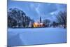 The illuminated church at dusk in the cold snowy landscape at Flakstad Lofoten Norway Europe-ClickAlps-Mounted Photographic Print