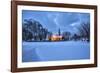 The illuminated church at dusk in the cold snowy landscape at Flakstad Lofoten Norway Europe-ClickAlps-Framed Photographic Print