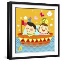 The Image of Children Fishing on the Boat-TongRo-Framed Giclee Print