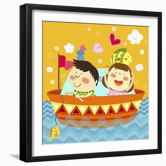 The Image of Children Fishing on the Boat-TongRo-Framed Giclee Print