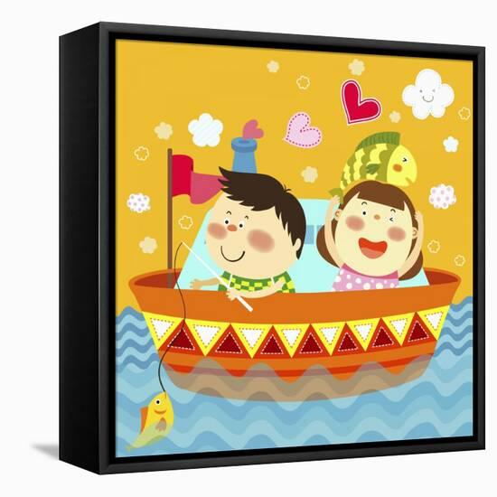 The Image of Children Fishing on the Boat-TongRo-Framed Stretched Canvas