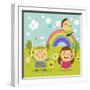 The Image of Children Playing in the Garden with Rainbow-TongRo-Framed Giclee Print