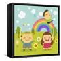 The Image of Children Playing in the Garden with Rainbow-TongRo-Framed Stretched Canvas