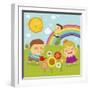 The Image of Children Playing in the Garden with Rainbow-TongRo-Framed Giclee Print