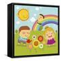 The Image of Children Playing in the Garden with Rainbow-TongRo-Framed Stretched Canvas