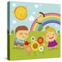 The Image of Children Playing in the Garden with Rainbow-TongRo-Stretched Canvas