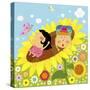 The Image of Children Playing on the Yellow Sunflower-TongRo-Stretched Canvas