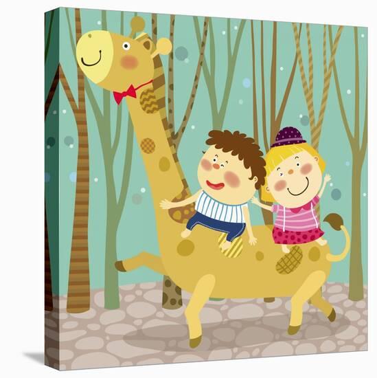The Image of Children Riding on the Giraffe-TongRo-Stretched Canvas
