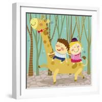 The Image of Children Riding on the Giraffe-TongRo-Framed Giclee Print