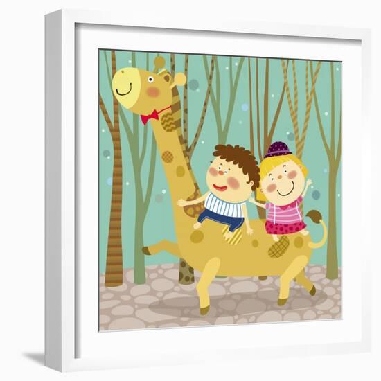 The Image of Children Riding on the Giraffe-TongRo-Framed Giclee Print