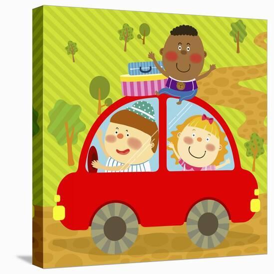 The Image of Children Riding on the Red Car-TongRo-Stretched Canvas