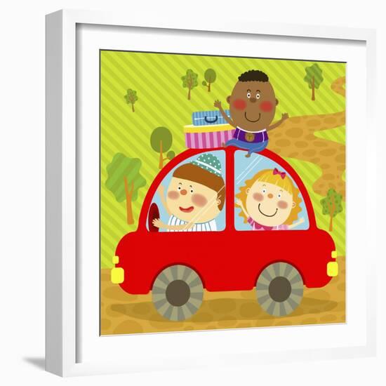 The Image of Children Riding on the Red Car-TongRo-Framed Premium Giclee Print