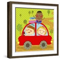 The Image of Children Riding on the Red Car-TongRo-Framed Giclee Print