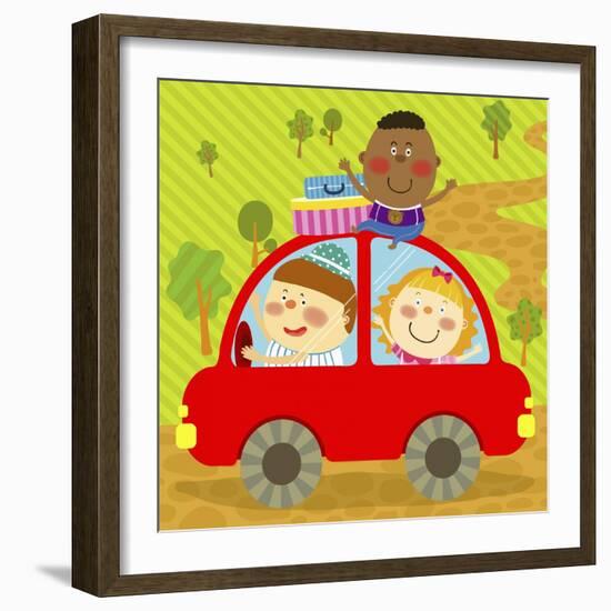 The Image of Children Riding on the Red Car-TongRo-Framed Giclee Print