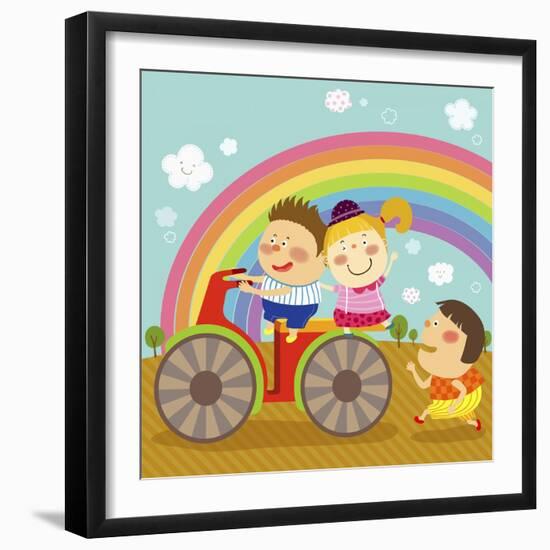 The Image of Children Riding on the Red Motorcycle-TongRo-Framed Giclee Print