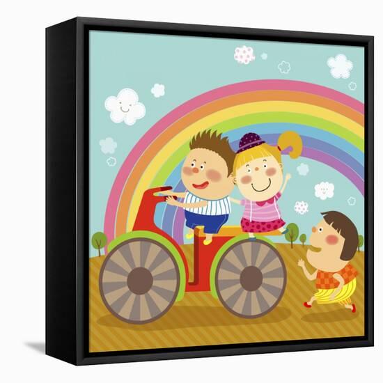 The Image of Children Riding on the Red Motorcycle-TongRo-Framed Stretched Canvas