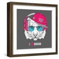 The Image of the Tiger in the Glasses, Headphones and in Hip-Hop Hat. Vector Illustration.-Sunny Whale-Framed Art Print