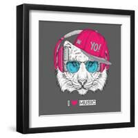 The Image of the Tiger in the Glasses, Headphones and in Hip-Hop Hat. Vector Illustration.-Sunny Whale-Framed Art Print