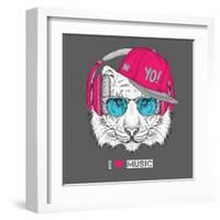 The Image of the Tiger in the Glasses, Headphones and in Hip-Hop Hat. Vector Illustration.-Sunny Whale-Framed Art Print